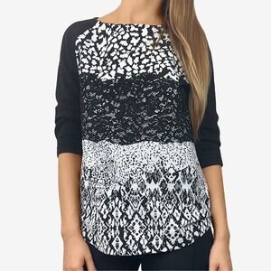 Reiss Melinda Mixed Media Top Size S Black White Cotton Blend Lace Abstract